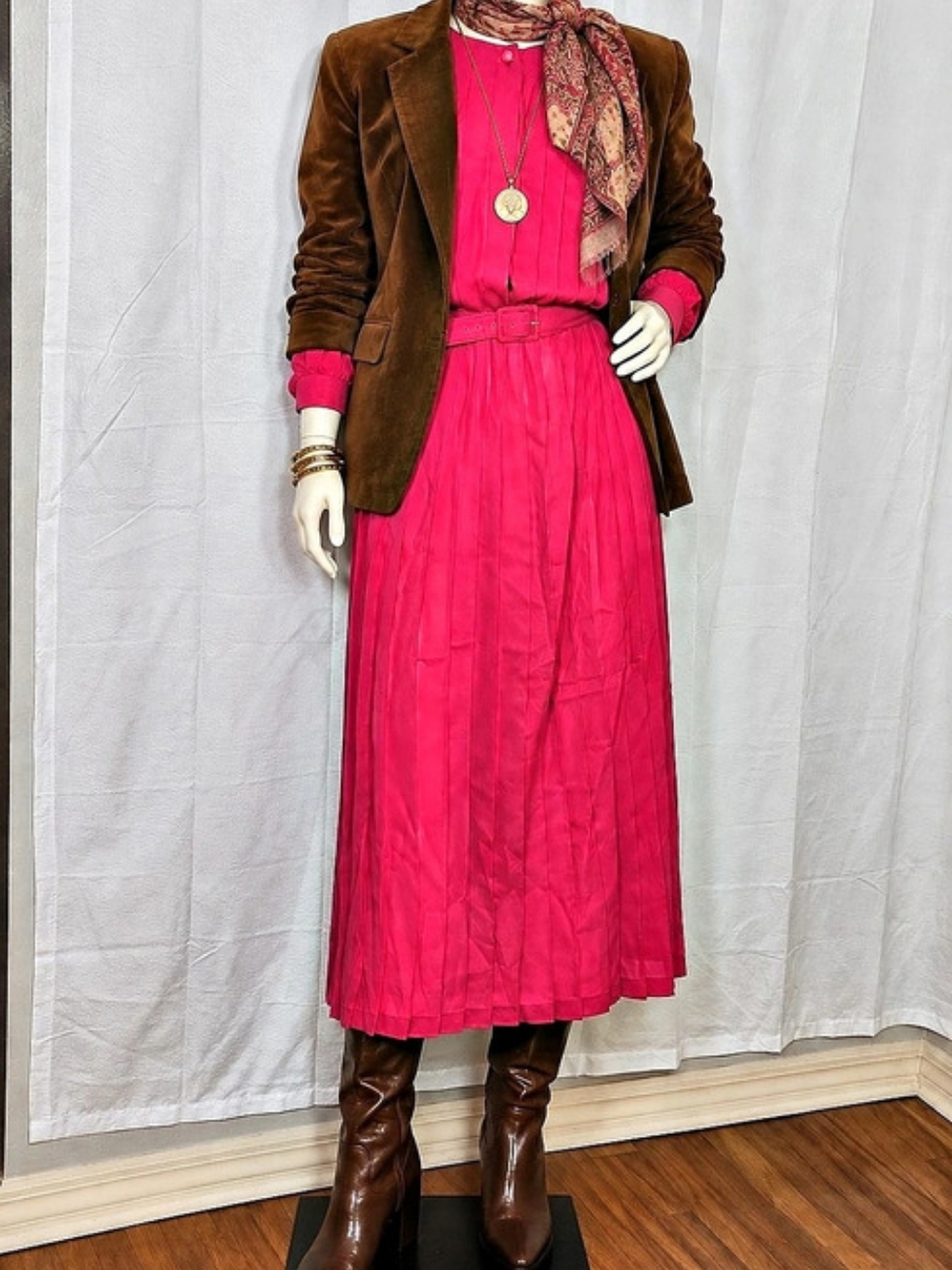 Vintage Toni Todd 80s Hot Pink Pleated Midi Dress Size 18